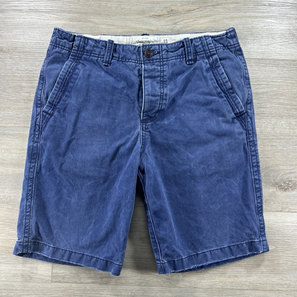 Abercrombie & Fitch Shorts Mens 33 Blue Chino 10" Button Fly Flat Front Distress